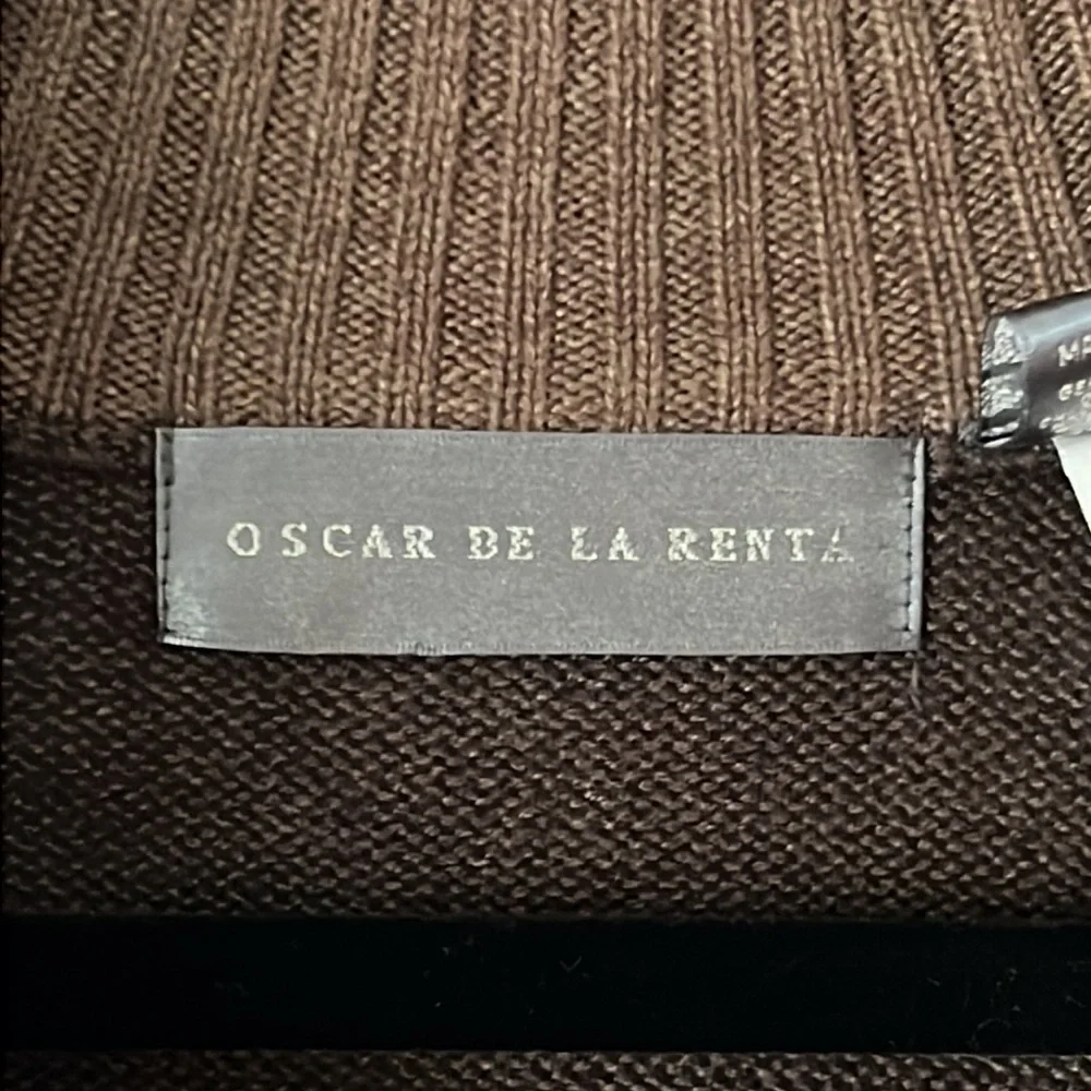 Oscar de la Renta‎ Brown Ribbed 1/4 Zip Sweater Stripes, Sz Large